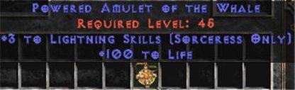 Sorceress Amulet - 3 Lightning Spells & 100 Life - East Non-Ladder