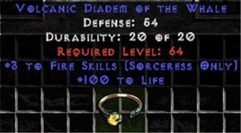 +3 Sorceress Fire Skills/100 Life Diadem/Tiara/Circlet - Europe Ladder