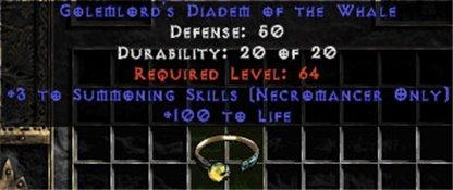 +3 Necromancer Summoning/100 Life Diadem/Tiara/Circlet - East Non-Ladder