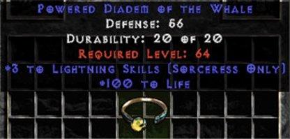 +3 Sorceress Lightning Skills/100 Life Diadem/Tiara/Circlet - West Non-Ladder