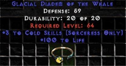 +3 Sorceress Cold Skills/100 Life Diadem/Tiara/Circlet - Europe Non-Ladder