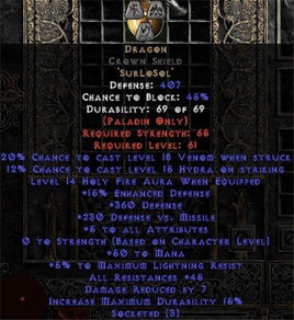 Dragon Crown Shield - 45 Res - 5 All Stats - Perfect - Europe Non-Ladder