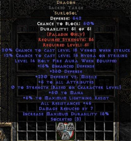 Dragon Sacred Targe - 45 Res - 5 All Stats - Perfect - Europe Non-Ladder