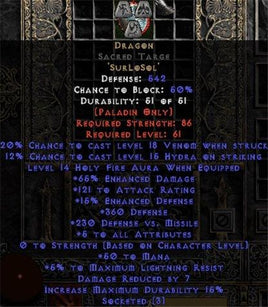 Dragon Sacred Targe - 65% ED/121 AR - 5 All Stats - Perfect - Europe Non-Ladder