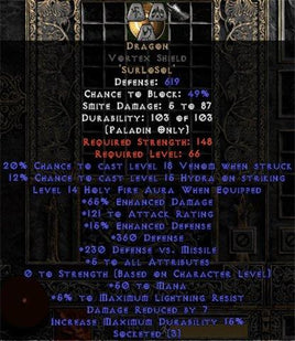 Dragon Vortex Shield - 65% ED/121 AR - 5 All Stats - Perfect - Europe Non-Ladder