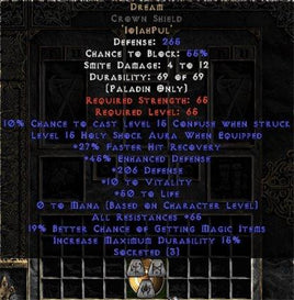 Dream Crown Shield - 45 Res - 65 Res/20-29% FHR/12-25% MF/150-220 Def - Europe Non-Ladder