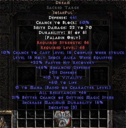 Dream Sacred Targe - 45 Res - 65 Res/20-29% FHR/12-25% MF/150-220 Def - Europe Non-Ladder