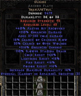 Duress Archon Plate - Ethereal - 215% EDef & 20% EDmg - Perfect - Europe Non-Ladder