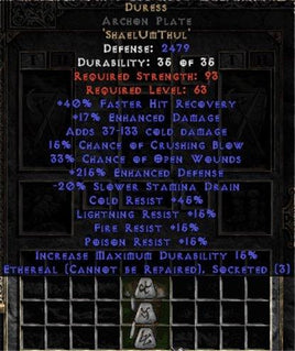 Duress Archon Plate - Ethereal - 215% EDef & 10-19% EDam - Europe Non-Ladder