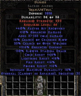 Duress Sacred Armor - Ethereal - 215% EDef & 10-19% EDam - Europe Non-Ladder