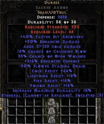 Duress Sacred Armor - Ethereal - 215% EDef & 20% EDmg - Perfect - Europe Non-Ladder