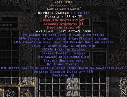 Last Wish Berserker Axe - 375-389% ED & 60-64% CB - Europe Non-Ladder