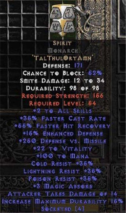 Spirit Monarch - 35% FCR/112 Mana/8 MA - Perfect - East Non-Ladder