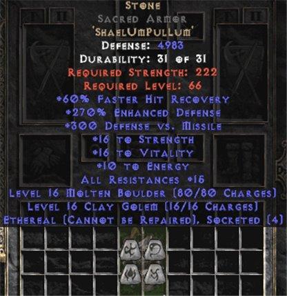 Stone Sacred Armor - Eth Bugged - 270-289% ED - East Non-Ladder