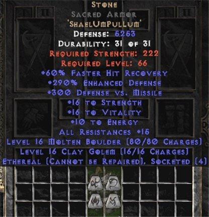 Stone Sacred Armor - Eth Bugged - 290% ED - Perfect - Europe Non-Ladder