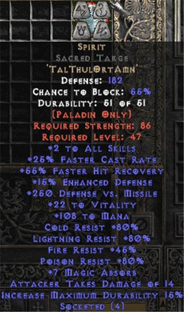 Spirit Sacred Targe - 45 Res - 25-29% FCR - East Non-Ladder