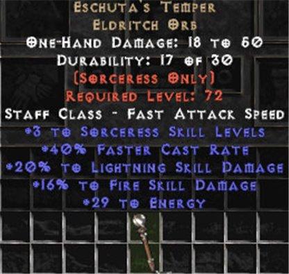 Eschuta's Temper +3 Sorc Skills & +20% Lightning Damage - Europe Non-Ladder