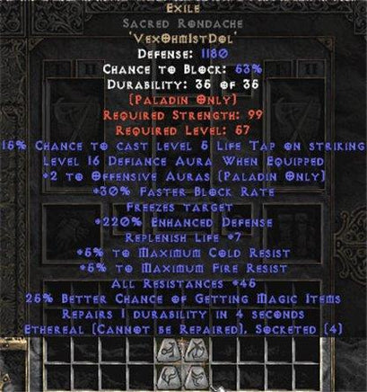 Exile Sacred Rondache - Eth Bugged - 45 Res - 220-239% ED - Europe Non-Ladder