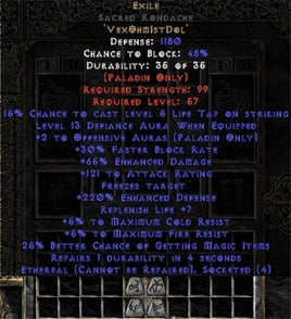 Exile Sacred Rondache - Eth Bugged - 65% ED/121 AR - 220-239% ED - Europe Non-Ladder