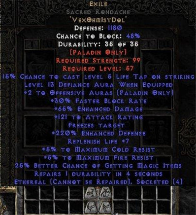 Exile Sacred Rondache - Eth Bugged - 65% ED/121 AR - 220-239% ED - Europe Non-Ladder