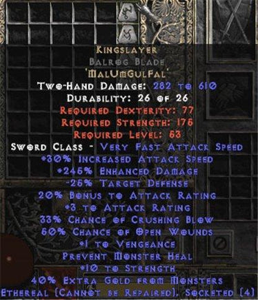 Kingslayer Balrog Blade - Ethereal - 230-264% ED - Europe Non-Ladder