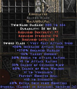 Kingslayer Balrog Blade - Ethereal - 265-284% ED - Europe Non-Ladder