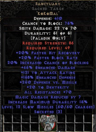 Sanctuary Sacred Targe - 65% ED/121 AR - 70 Res & 145-174% ED - Europe Non-Ladder