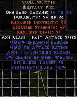 Skull Splitter - +100% ED, 1-15 Light Dmg, +100 AR - Perfect - East Non-Ladder