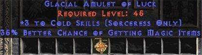 Sorceress Amulet - 3 Cold Spells & 35% MF - East Non-Ladder