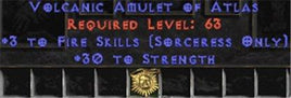 Sorceress Amulet - 3 Fire Spells & 30 Str - East Non-Ladder