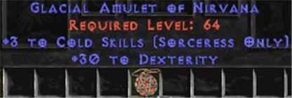 Sorceress Amulet - 3 Cold Spells & 30 Dex - East Non-Ladder