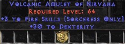 Sorceress Amulet - 3 Fire Spells & 30 Dex - East Non-Ladder