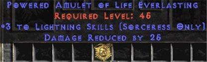 Sorceress Amulet - 3 Lightning Spells & 25 PDR - Europe Non-Ladder