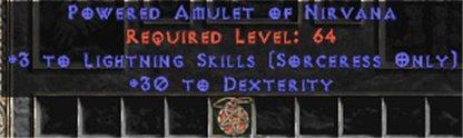 Sorceress Amulet - 3 Lightning Spells & 30 Dex - East Non-Ladder