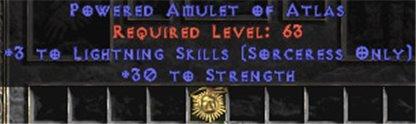 Sorceress Amulet - 3 Lightning Spells & 30 Str - East Non-Ladder