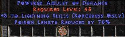 Sorceress Amulet - 3 Lightning Spells & 75% PLR - East Non-Ladder