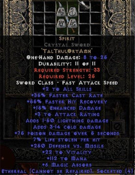 Spirit Crystal Sword - Ethereal - 35% FCR/112 Mana/3-7 MA - Europe Non-Ladder