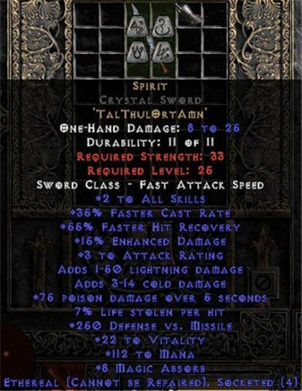 Spirit Crystal Sword - Ethereal - 35% FCR/112 Mana/8 MA - Perfect - East Non-Ladder